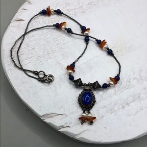 Native American liquid sterling silver chain necklace lapis pendant with pearls.